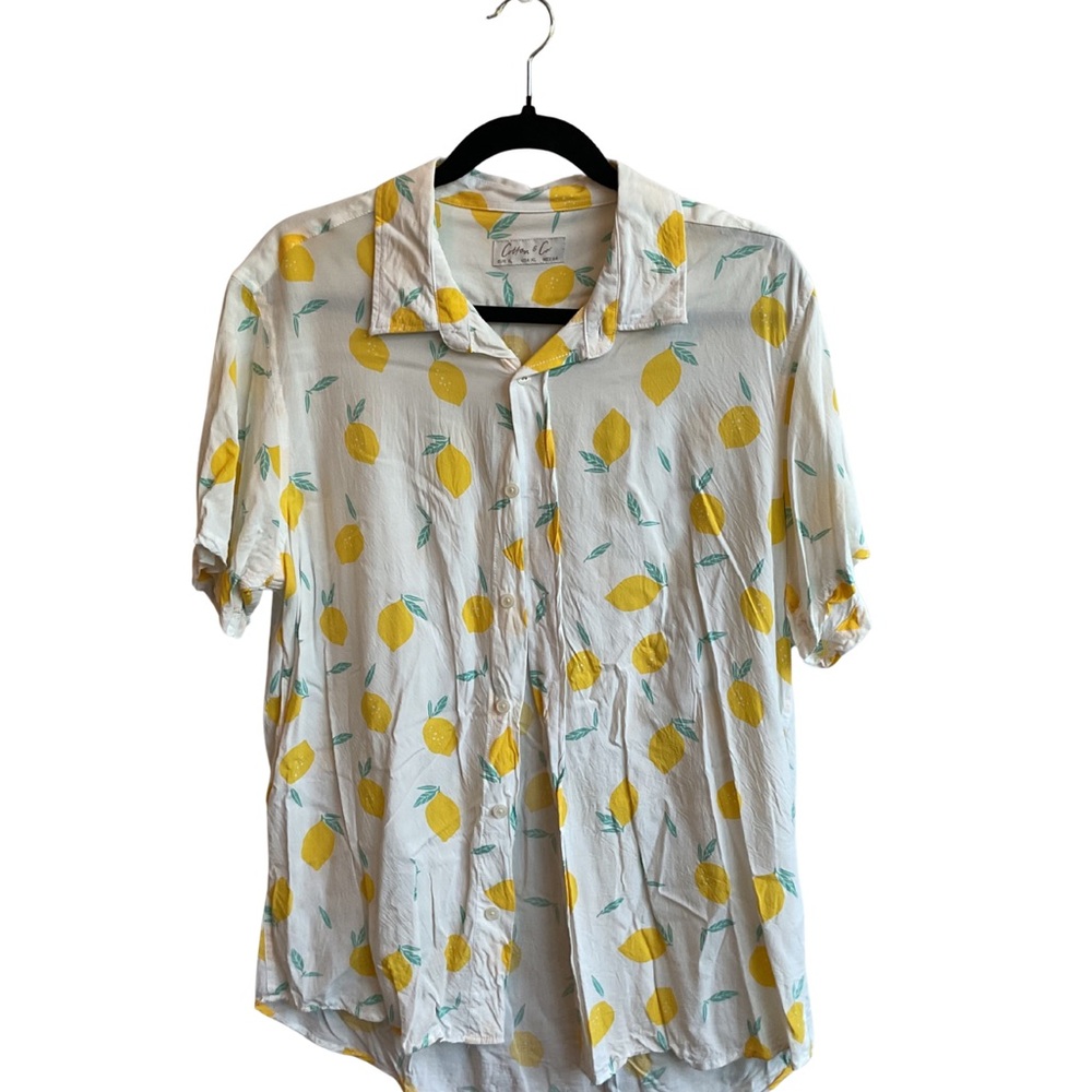 White and Yellow Lemon Print Casual Button Down Shirt